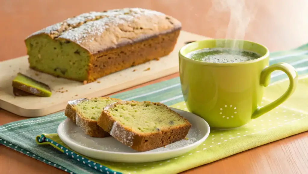 Quick zucchini bread slice served with matcha tea in a glowing mug on a vibrant breakfast plate
