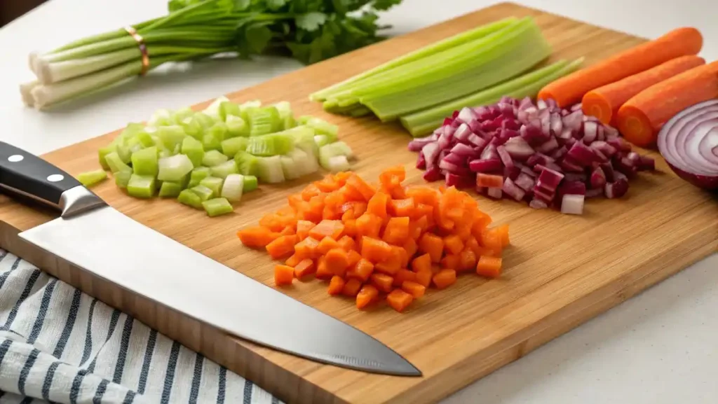 A clean wooden cutting board with neat piles of finely chopped celery, diced red onion, and shredded carrots.